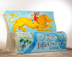 Katie in London BookBench. Image courtesy of Chris O’Donovan for the National Literacy Trust