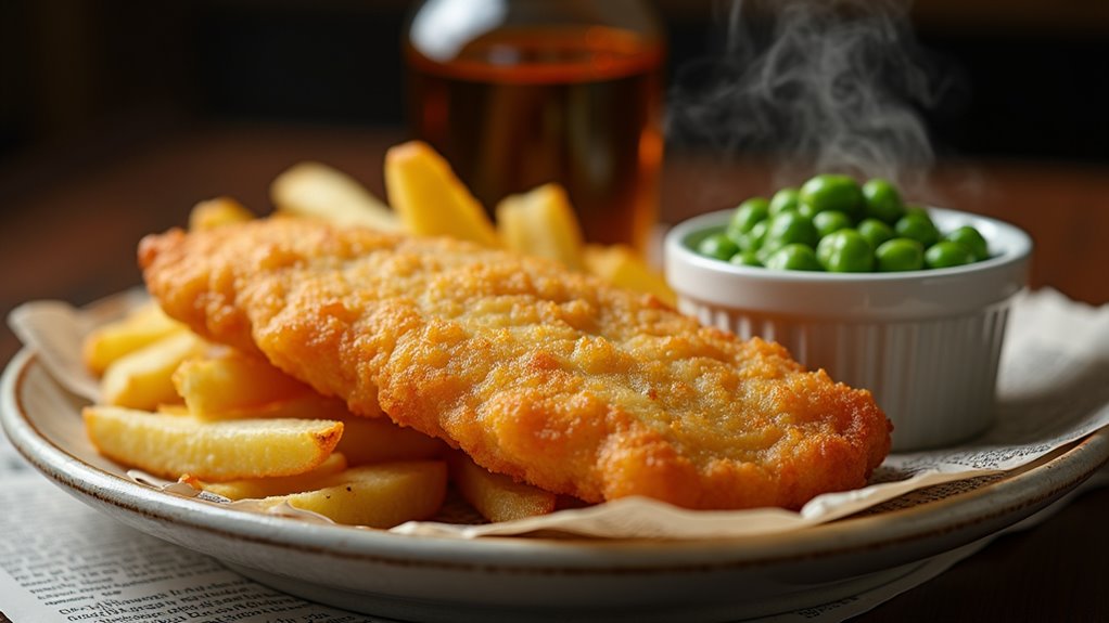crispy fish chips peas