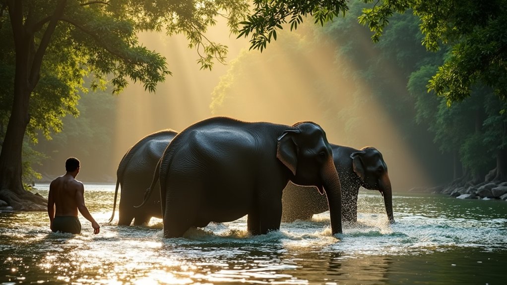 elephant feeding and bathing
