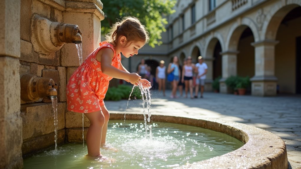 historic fountain with carved faces