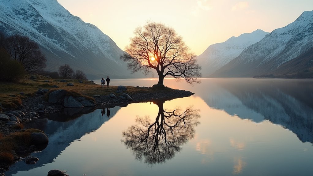lonely tree lakeside reflections