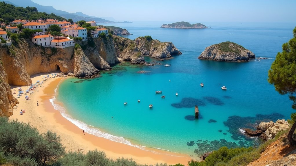 serene bay with colorful boats