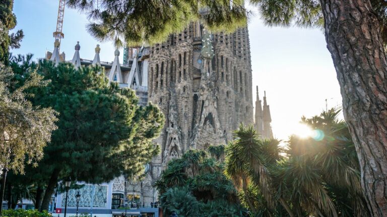 Sagrada Familia with trees in Barcelona Spain