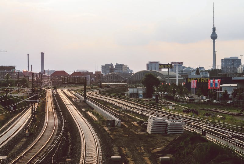 Urban railway Berlin TV tower sunset