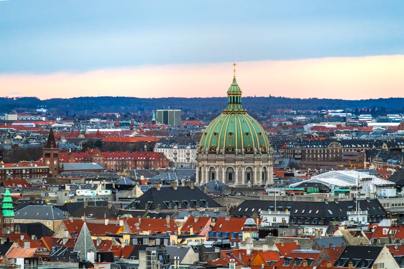 Aerial view of Frederiks Church and Copenhagen skyline at sunset