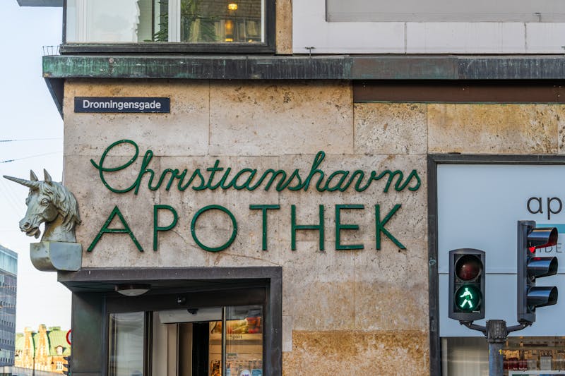 Christianshavns Apothek with unicorn statue Copenhagen