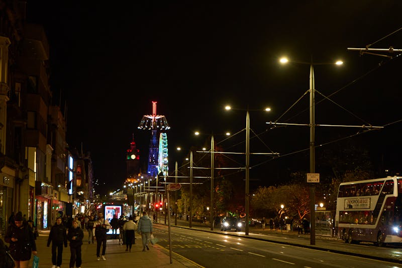 Edinburgh nighttime street with festive lights