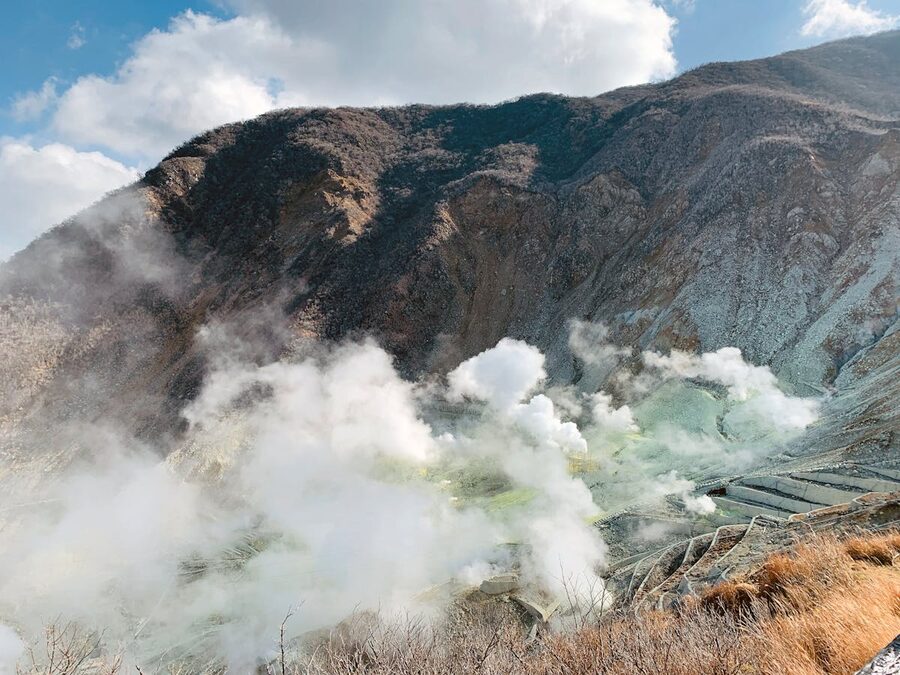 Volcanic valley with steam in Hakone Japan