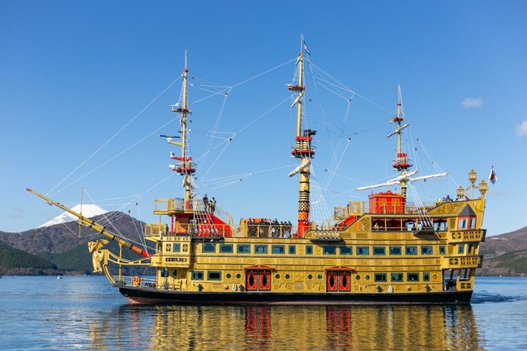 Pirate ship on Lake Ashi with Mount Fuji in background