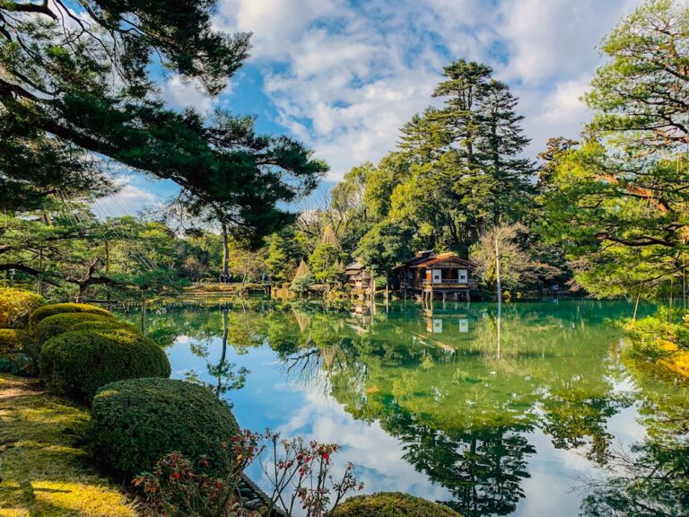 Kenrokuen Garden with pond in Kanazawa Japan