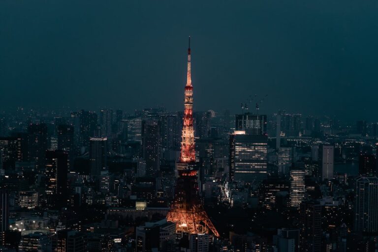 Tokyo Tower lit up at night surrounded by the city skyline
