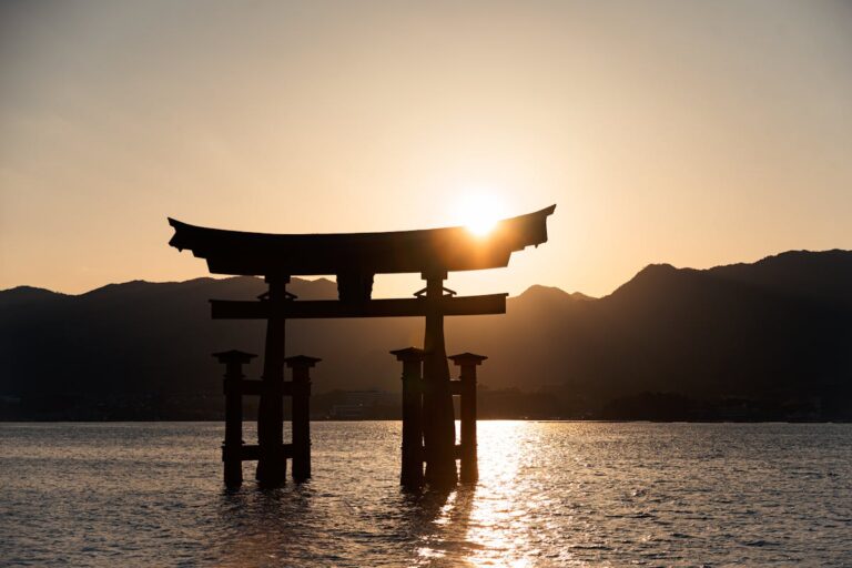 Itsukushima Shrine torii gate at sunrise Hiroshima Japan