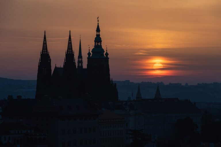 Prague Castle silhouette at sunset