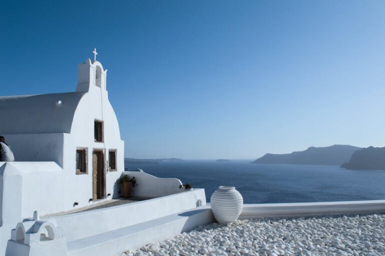 Whitewashed church in Santorini with sea view
