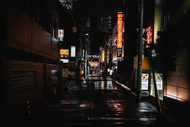 Tokyo wet alley colourful signs at night
