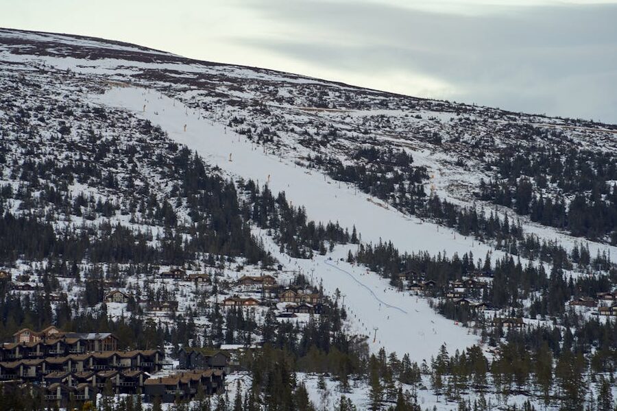 Aerial view of a snowy ski resort