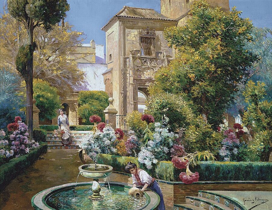 Historic view of Alcazar Sevilla gardens