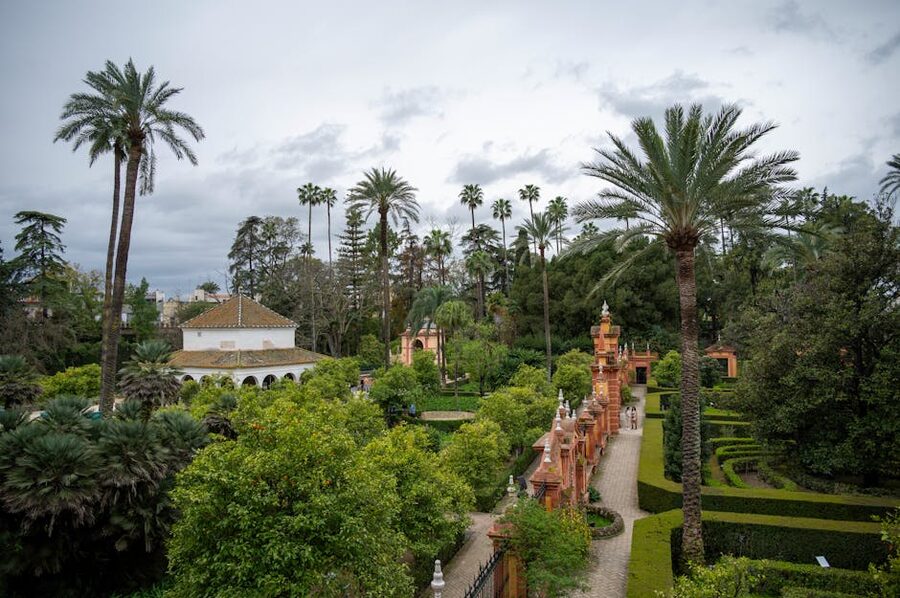 Lush gardens at Alcazar of Seville Spain