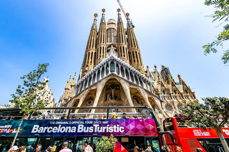 Red tourist sightseeing bus in Barcelona street