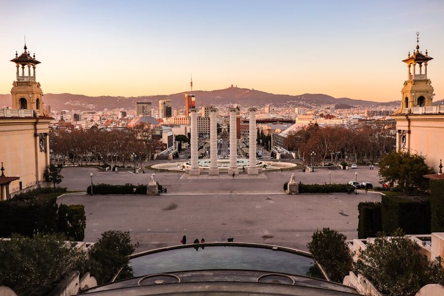 Green gardens and tree-lined paths on Montjuic hill Barcelona