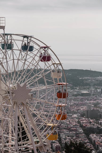 Tibidabo amusement park ferris wheel above Barcelona skyline