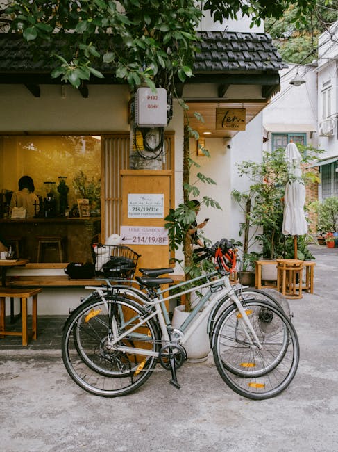 Bicycle parked outside a street cafe