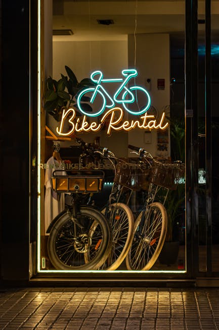 Urban bike rental shop with bicycles for hire