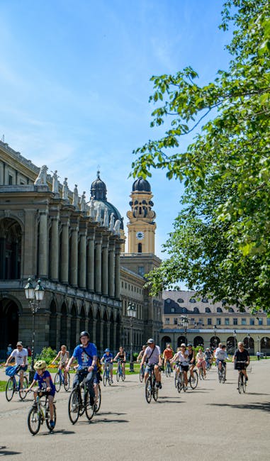 Group of cyclists on a guided bike tour through a city