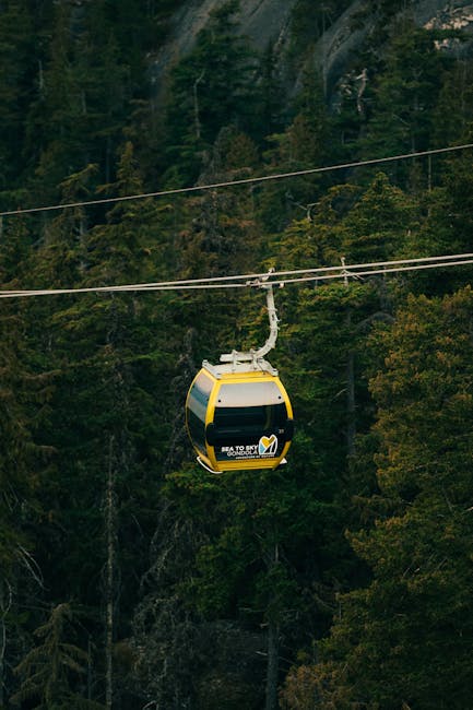 Cable car gondola ascending over city with mountain views