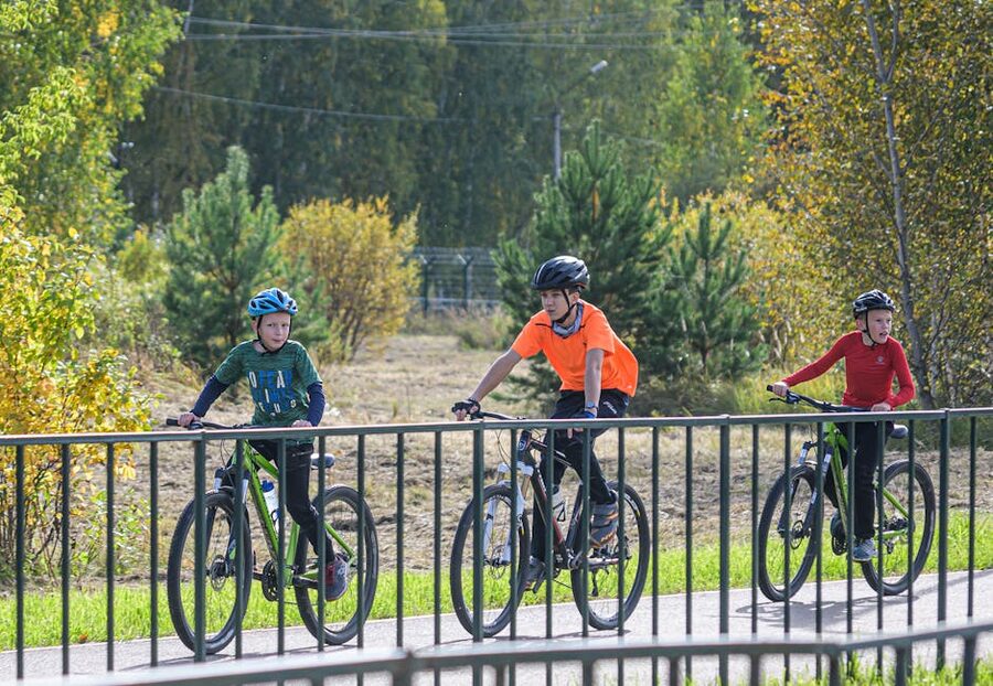 Children happily riding bicycles in a sunny park