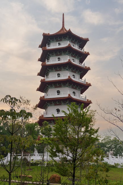 Chinese-themed pagoda beside a lake in a theme park