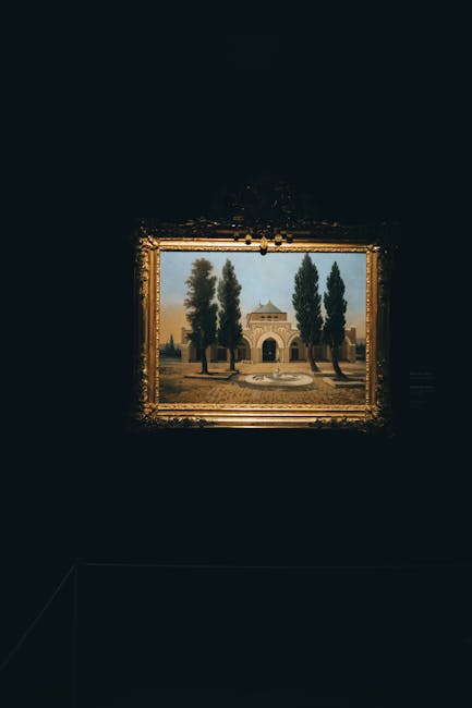 Classical painting in ornate gold frame on museum wall