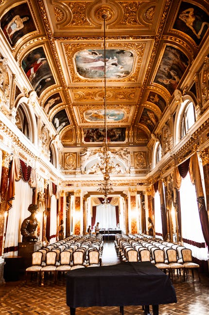 Ornate decorated ceiling of a grand concert hall