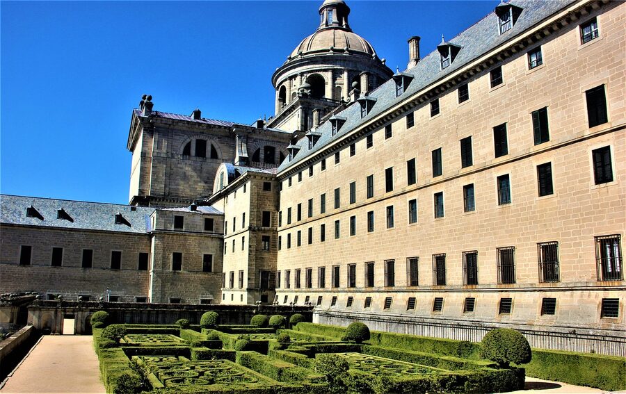 El Escorial monastery garden view with formal hedges