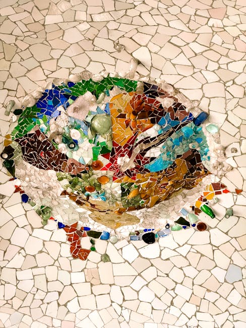 Close-up of colourful Gaudi mosaic tiles in Barcelona