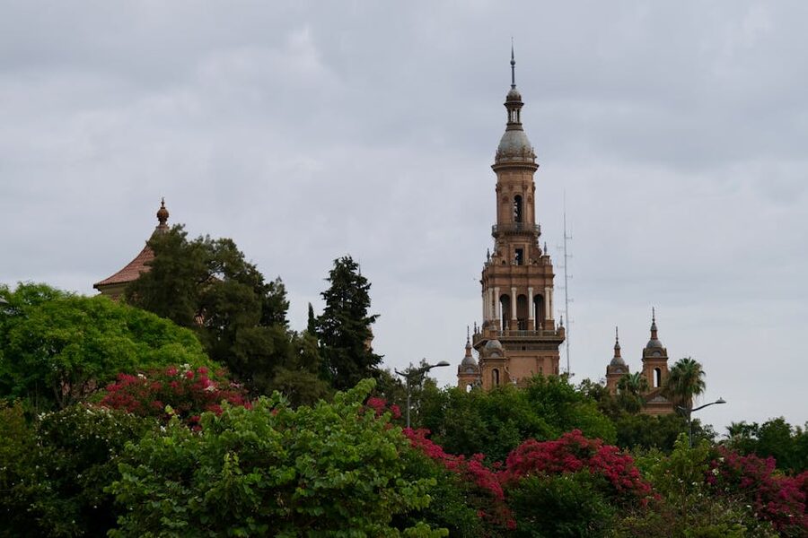 La Giralda tower surrounded by lush Seville gardens