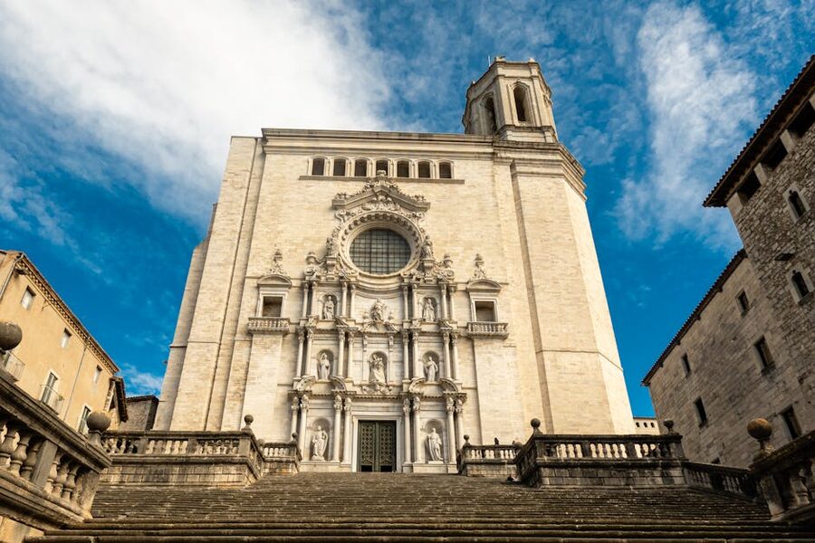 Grand staircase leading up to Girona Cathedral facade