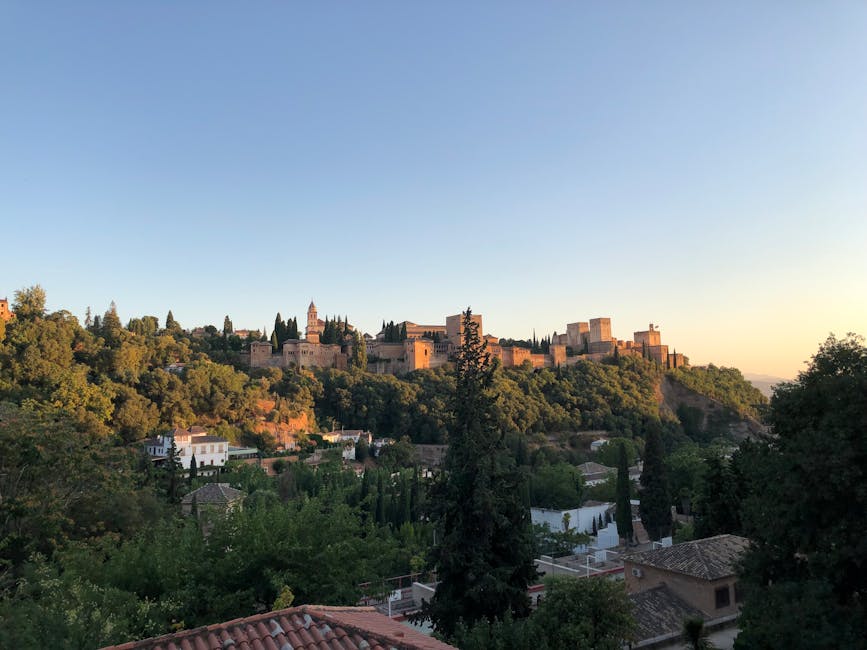 Alhambra Granada at sunset with trees