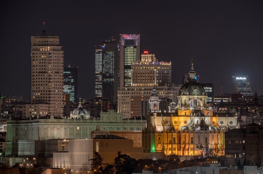 Panoramic view of Madrid city skyline at night with lights