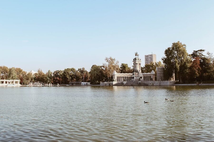 Rowing boats on the lake in Retiro Park Madrid