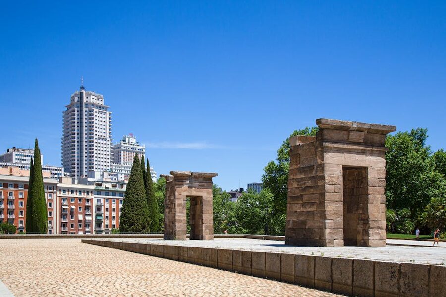 Temple of Debod Egyptian temple reflected in water at sunset in Madrid