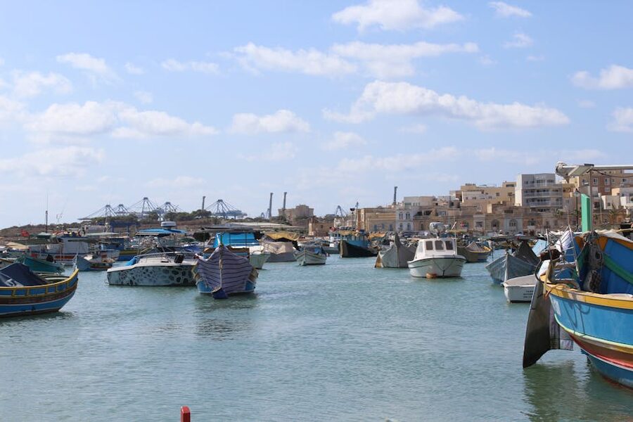 Small fishing boats in a Mediterranean village harbour