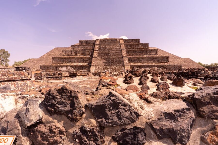Colourful Mexican pyramid structure in an amusement park area