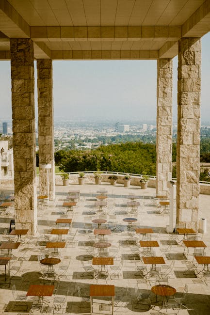 Outdoor cafe terrace in a museum garden setting