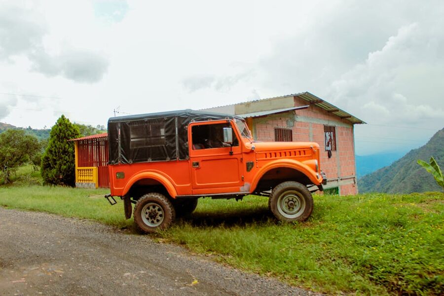 Off-road jeep in rural landscape