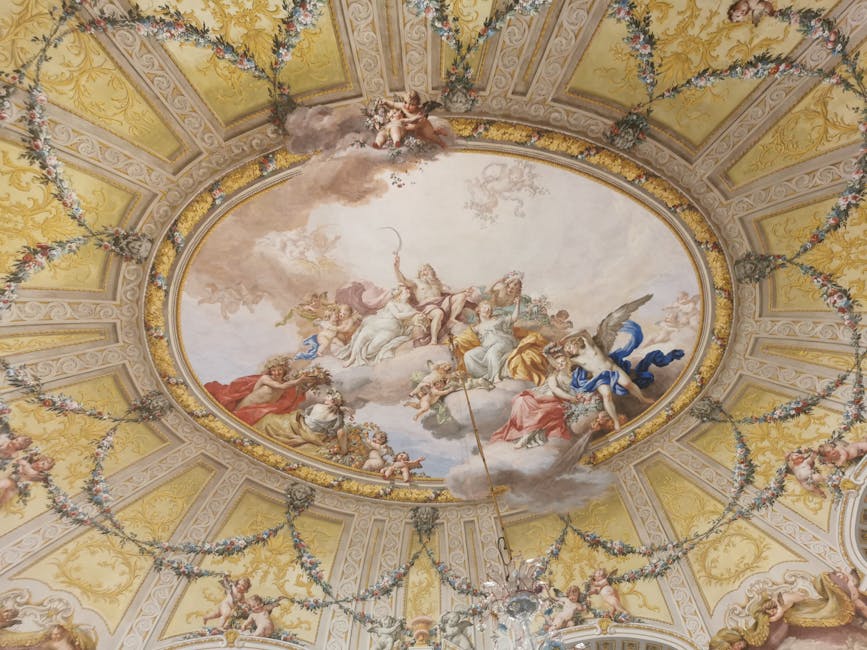Ornate painted ceiling fresco inside a European palace