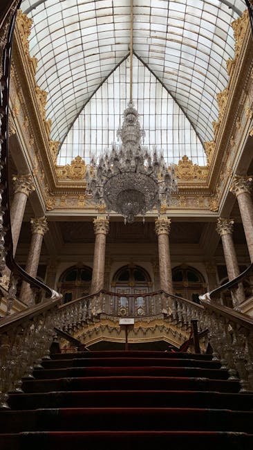 Grand marble staircase with columns in a European palace