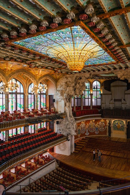 Ornate stained glass ceiling inside Palau de la Musica Barcelona