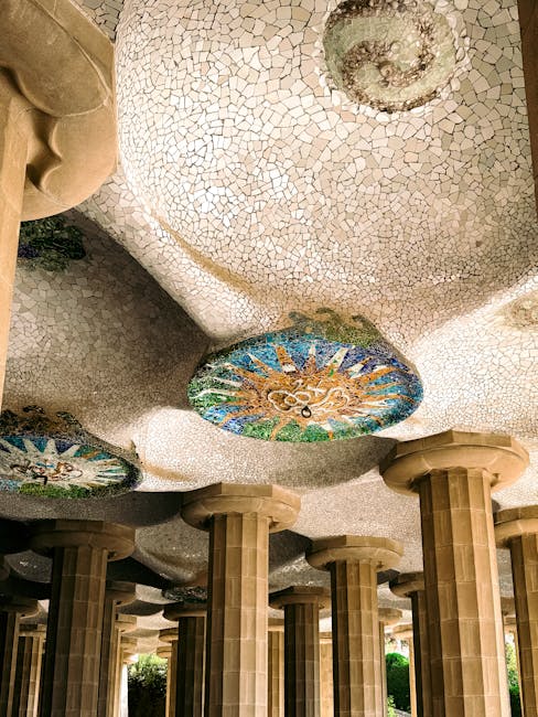 Detailed mosaic ceiling inside Park Guell hypostyle hall