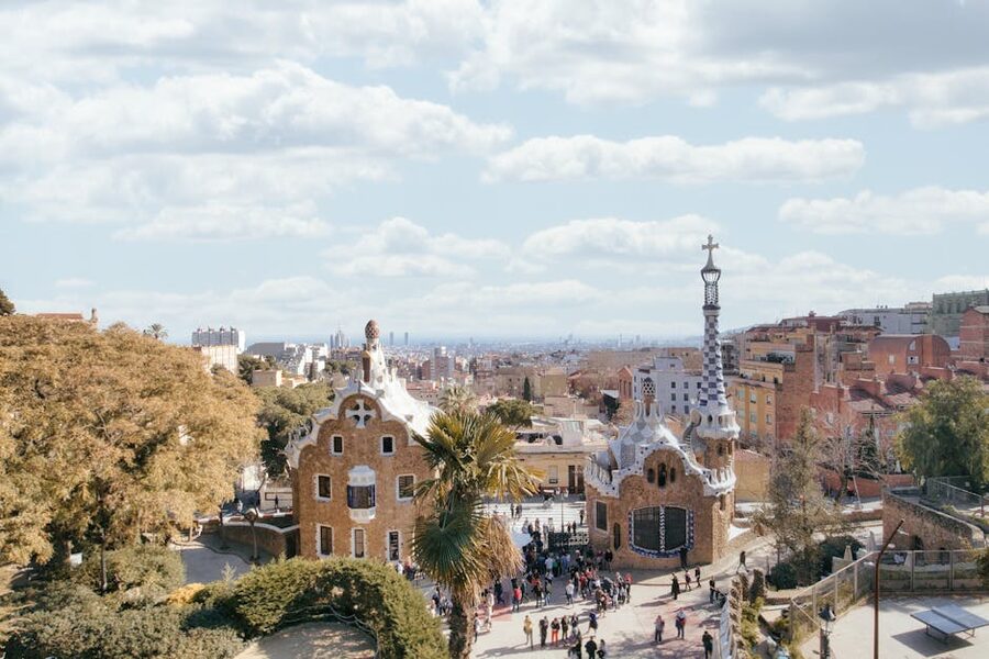 Fairy-tale gingerbread-style gatehouse at Park Guell entrance